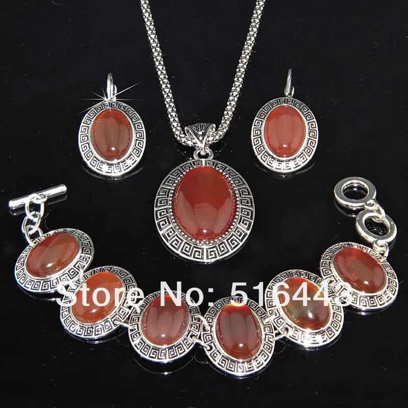 2 Sets Vintage antike Silber überzogene ovale rot Achat-Stein-Ohrring-Armband-Halsketten-Frauen-Schmuck-Set A-791