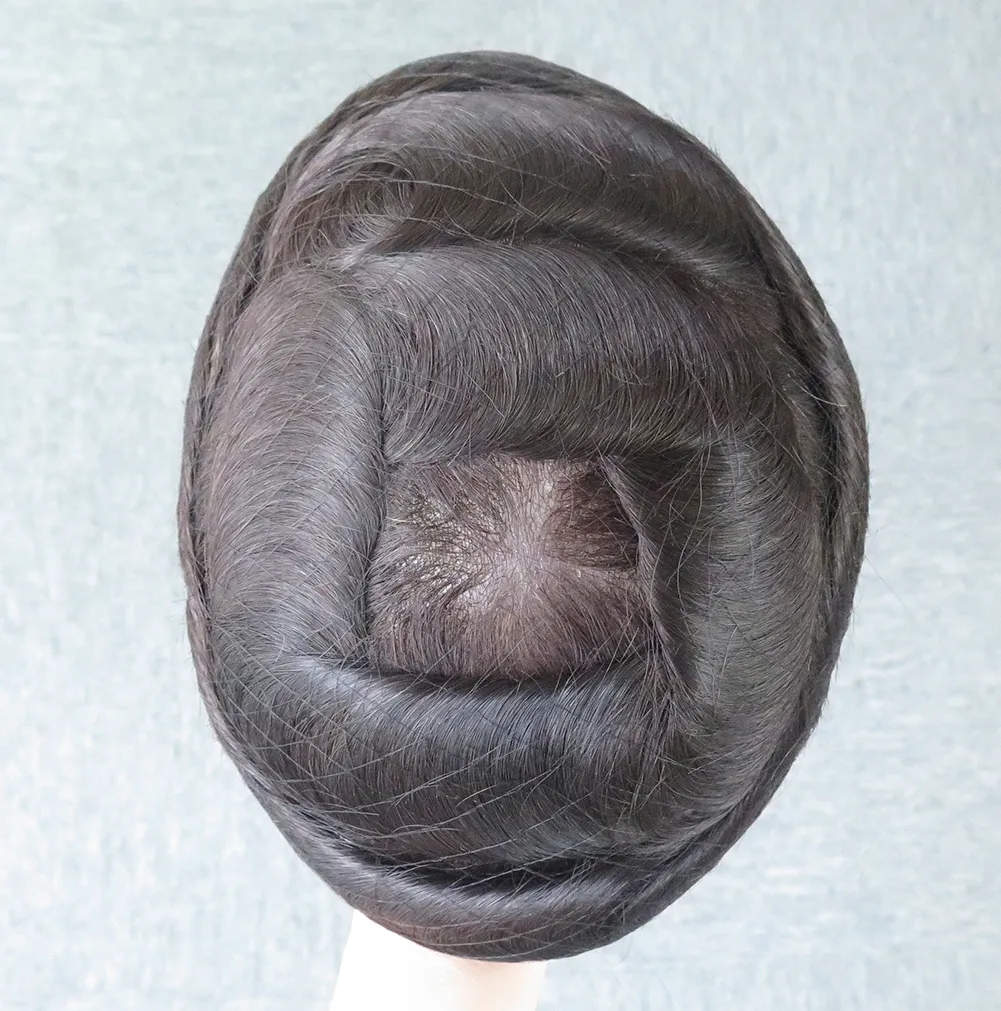 En stock Men Toupee Natural Human Hair Wig Système de remplacement de prothèse Base de coiffure mince pour hommes Hermes 4392954