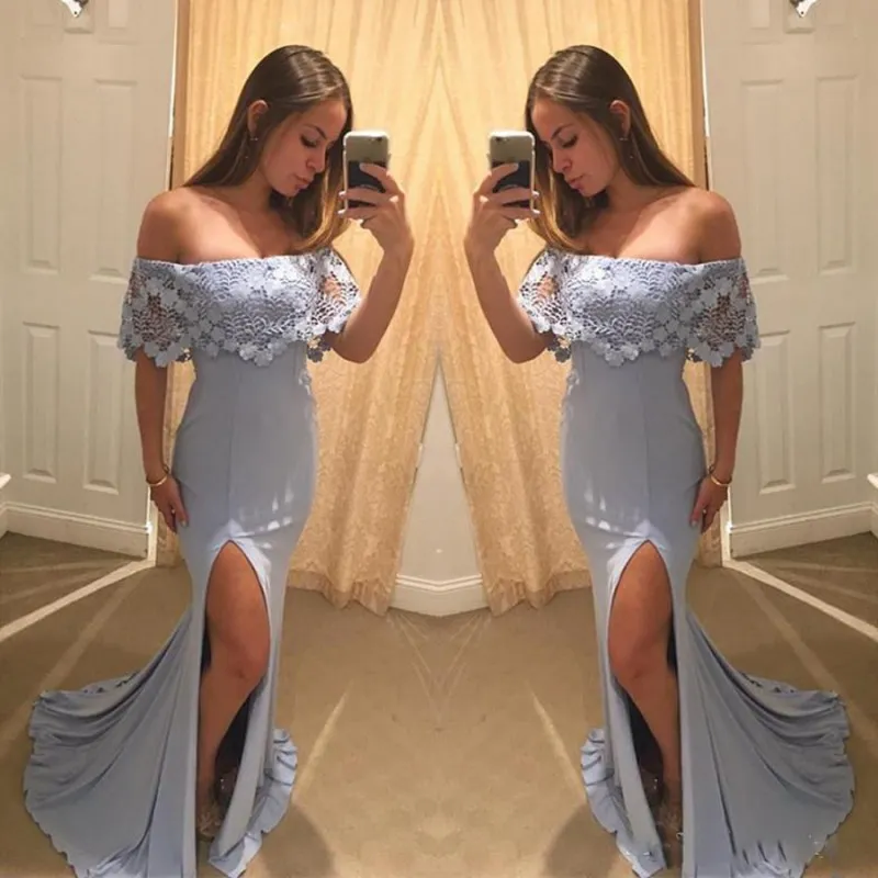 Dusty Blue Prom Dresses Sexy Lace Off The Shoulder Side Split Evening Gowns Cheap Meramaid Formal Party Dress Custom Made