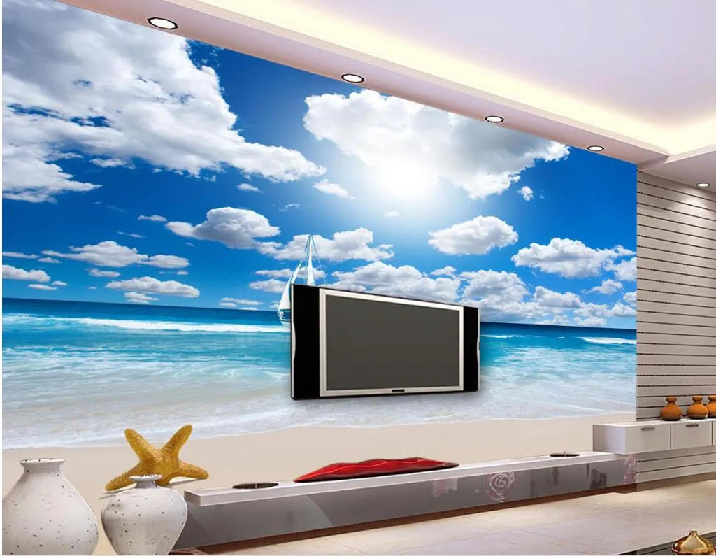 Blue sky white clouds seaside background wall mural 3d wallpaper 3d wall papers for tv backdrop