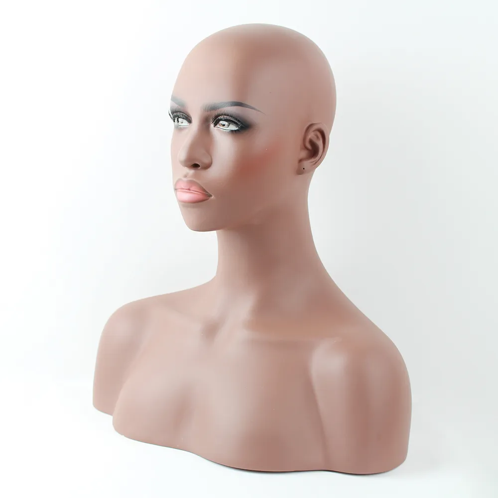 Realistische weibliche schwarze afroamerikanische Schaufensterpuppe aus Glasfaser, Kunstkopfbüste für Spitzenperücke und Schmuckdisplay EMS 211q1345300