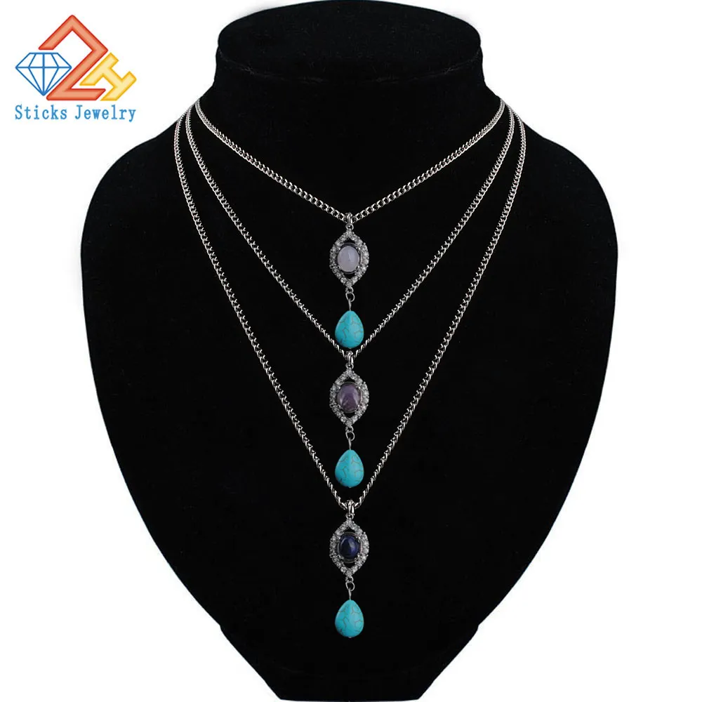 Damtillbehör Smycken Fashion Gold Temperament Multilayer Metal Pendants Tre lager Turkos Kedja Halsband