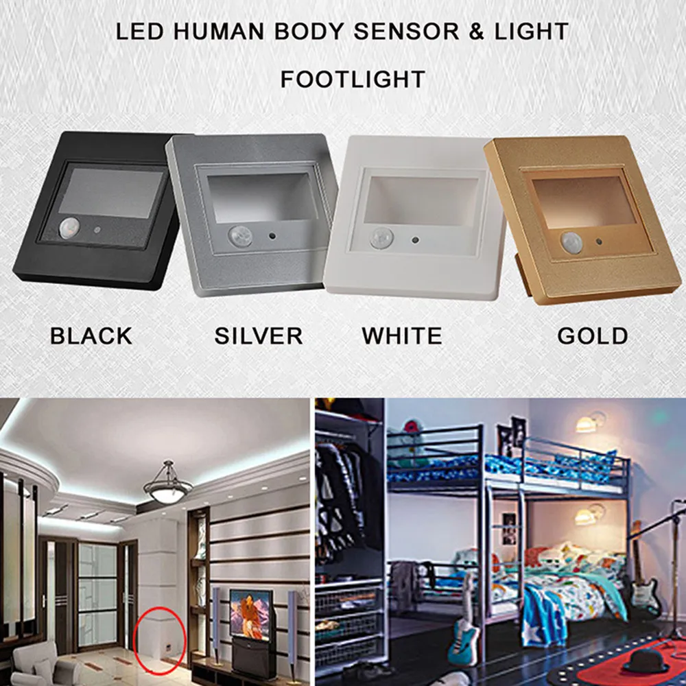 2.5W LED Human Body & Light Sensor Wall Plinth Recessed Stairs Footlight Corridor Lamps Hotel Restroom Bedroom Night Lights