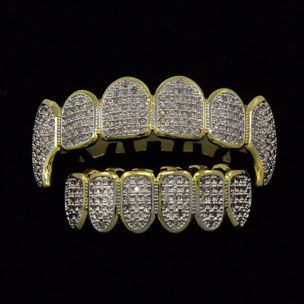 НОВЫЙ блестящий гриль в стиле хип-хоп Iced Out CZ Fang Mouth Teeth Grillz Caps Top Bottom Grill Set Мужчины Женщины Vampire Grills305H