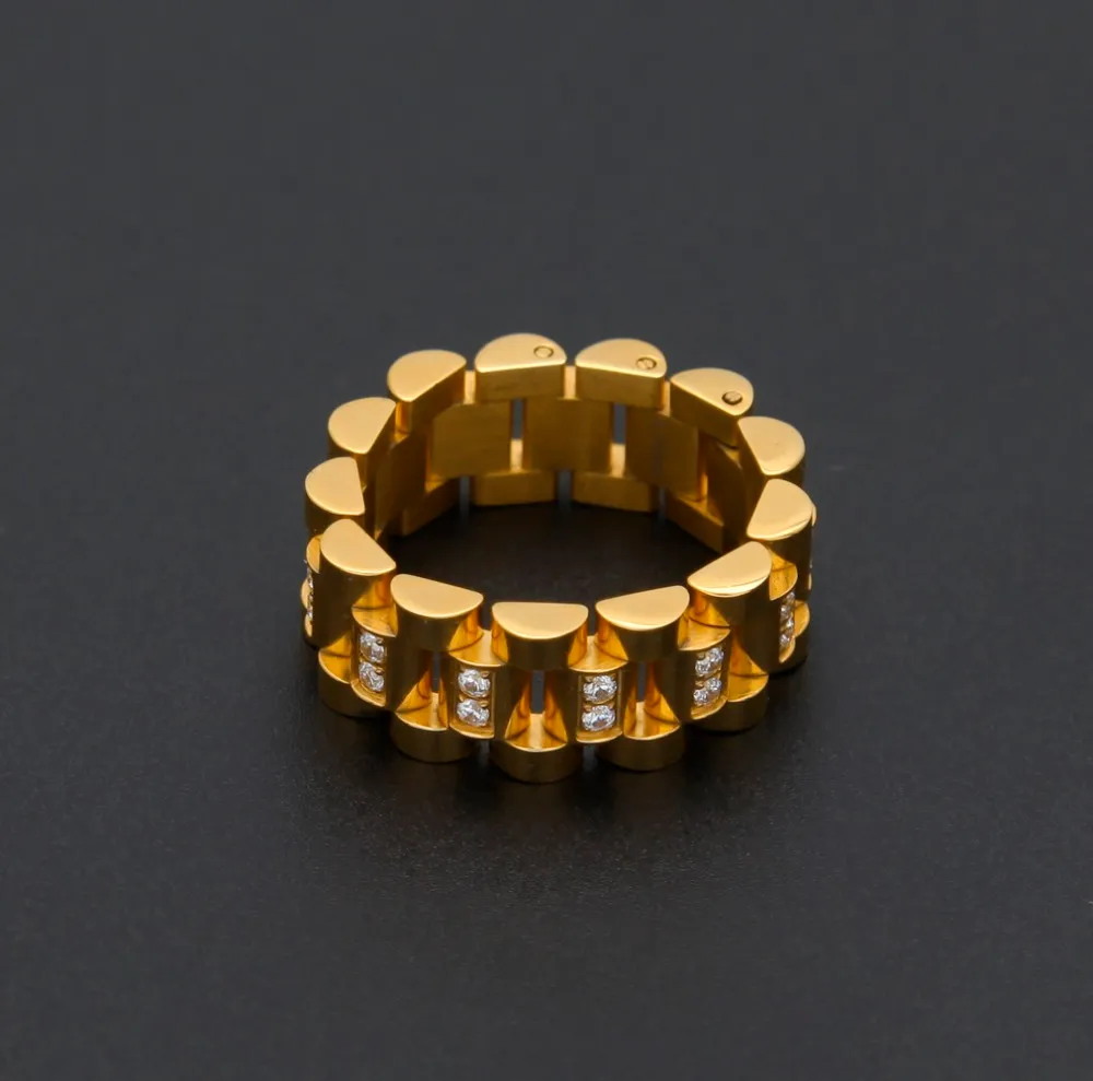 Najwyższej jakości stal ze stali nierdzewnej CZ Styl łańcuchowy regulacja pierścienia rozmiar Goldsteel Kolor Hip Hop Fashion Charm 8-12 Pierścień