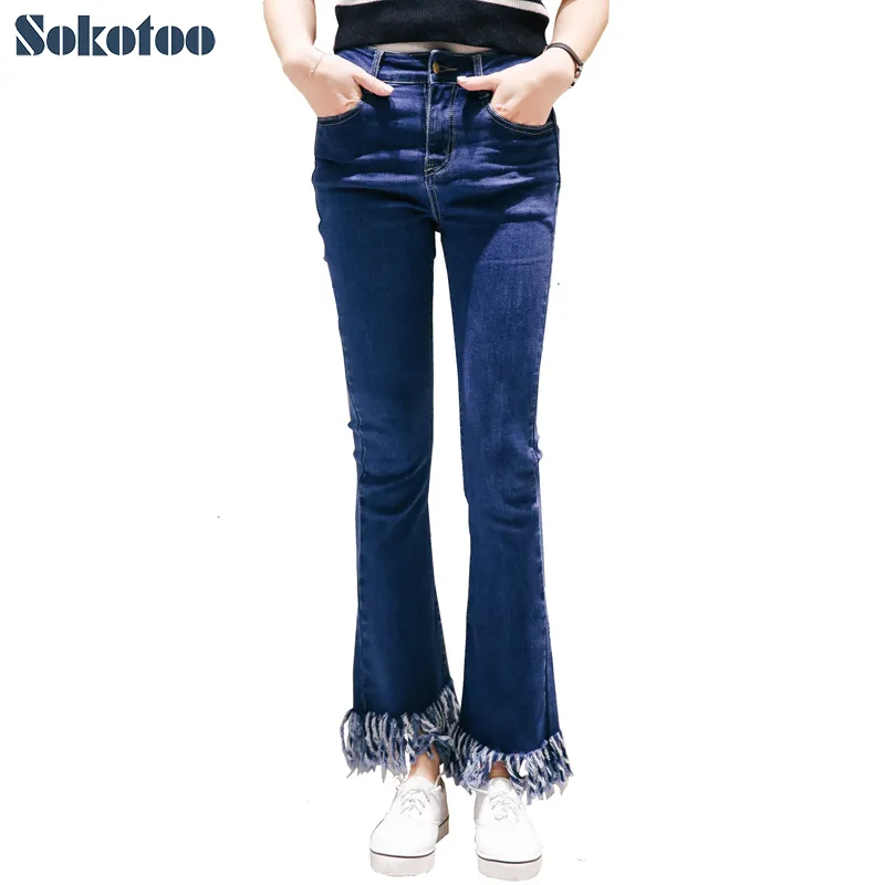 Sokotoo Sokotoo para mujer Tasel Flare Flare Fringe Jeans Fashion Slim Skinny Stretch Deuim Pants Black Blue Noveno Capri