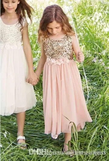 2017 Blush Flower Girls Dresses Gold Sequins Hand Made Flower Sash Tea Length Tulle Jewel A Line Kids Formal Dress Junior Bridesmaid Dress