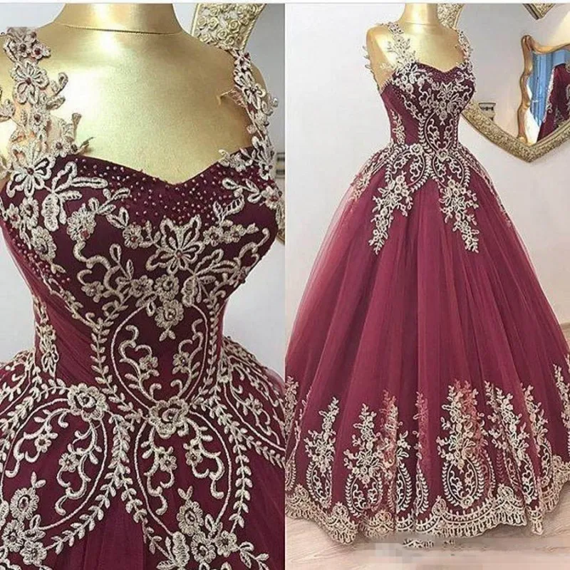 Burgundia Koronkowe Aplikacje Prom Dresses Z Paskami Tulle Ruffles Linia Suknie Wieczorowe Saudyjska Kobiety Formalna Party Dress Tanie Długość podłogi