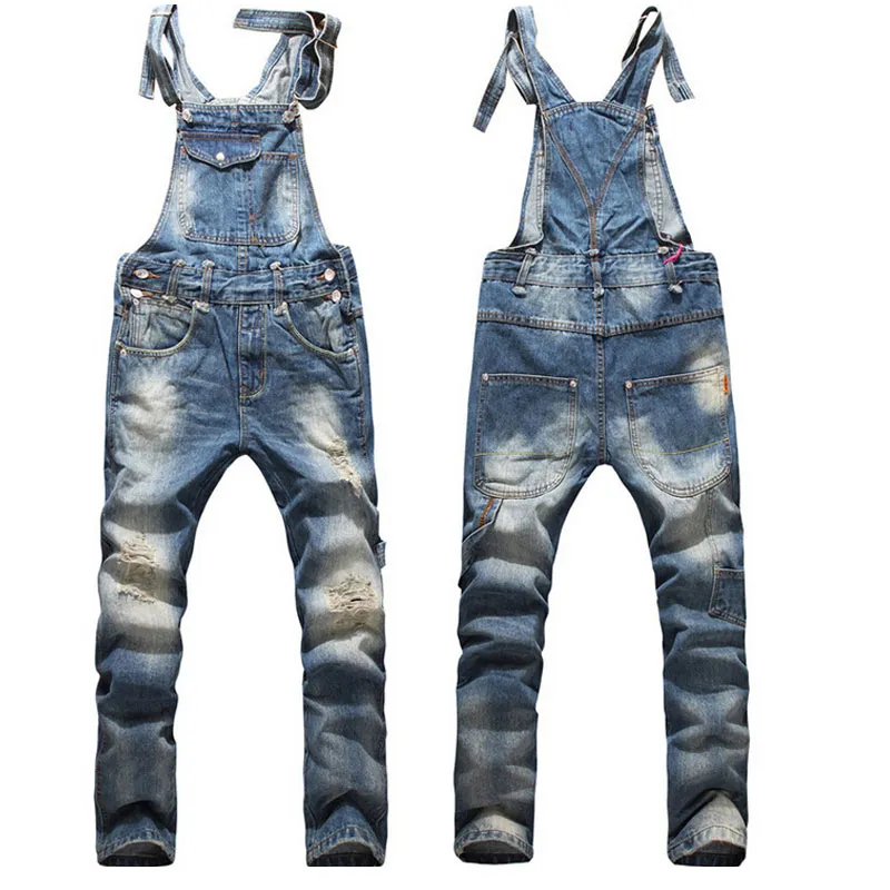 Wholesale- Fashion Mens Ripped Skinny Bib Overalls Jeans 2017 Casual Designer Slim Fit Distrressed Jeans Men Denim Jumpsuit Jeans Pants