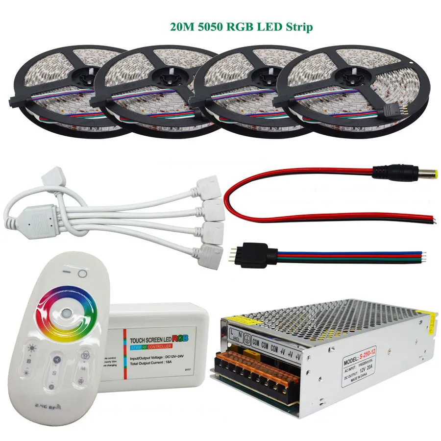 DC12V SMD 5050 RGB Led Strip 60led/m Led Light Tape Flexible 5M 10M 15M 20M + RF Touch Remote Controller + Power Adapter Supply