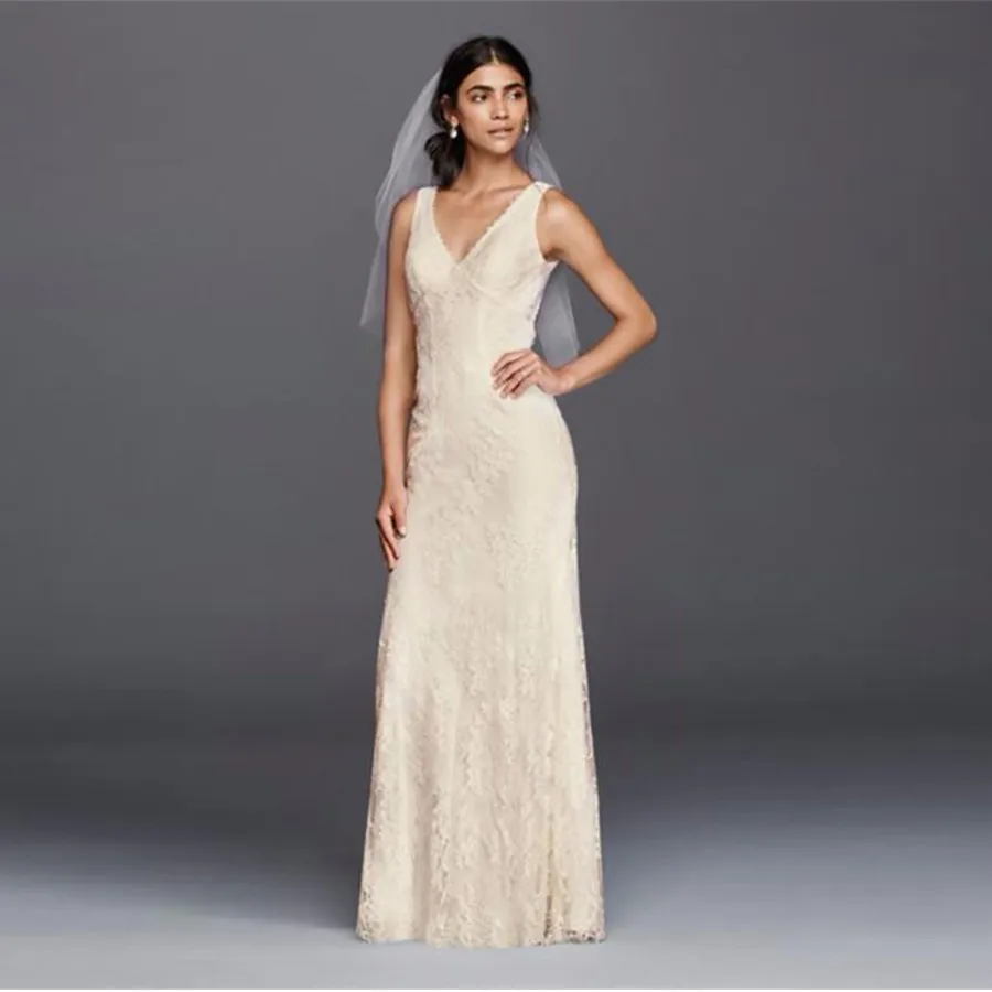 2021Flower Lace V-Neck Wedding Dress with Empire Waist Custom Made Sexy Backless Floor Length Bridal Gowns KP3783