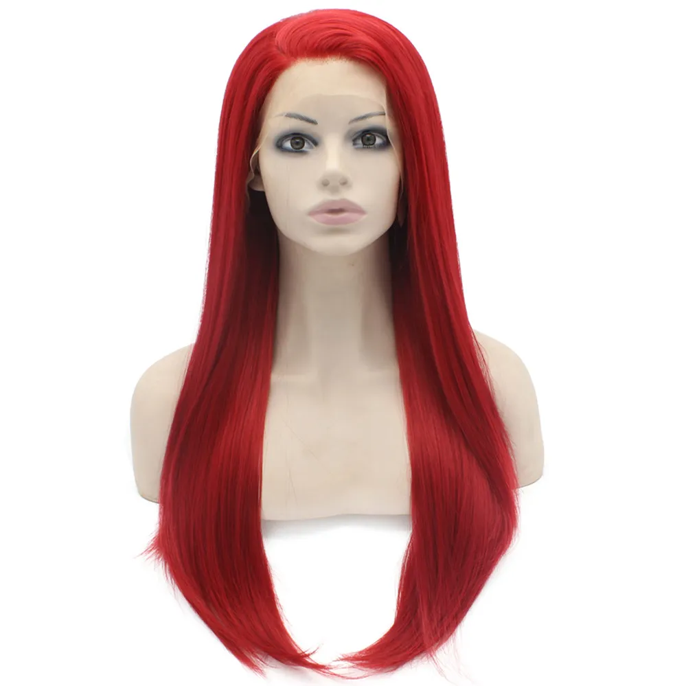 24 -calowy czerwono jedwabista prosta peruka odporna na ciepło syntetyczne koronkowe frontowe peruka mody cosplay