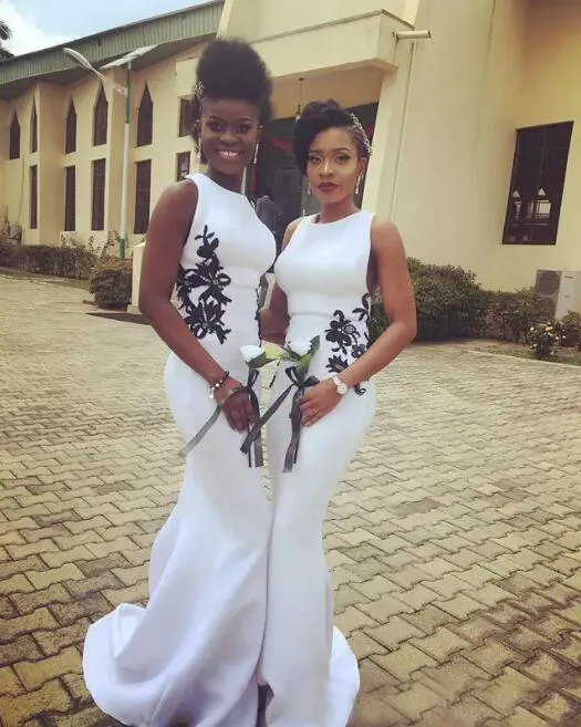 2017 African Style White Chiffon Mermaid Bridesmaid Dresses Long With Black Lace Appliqued Criss Cross Back Bow Maid Of Honor Gown EN71910