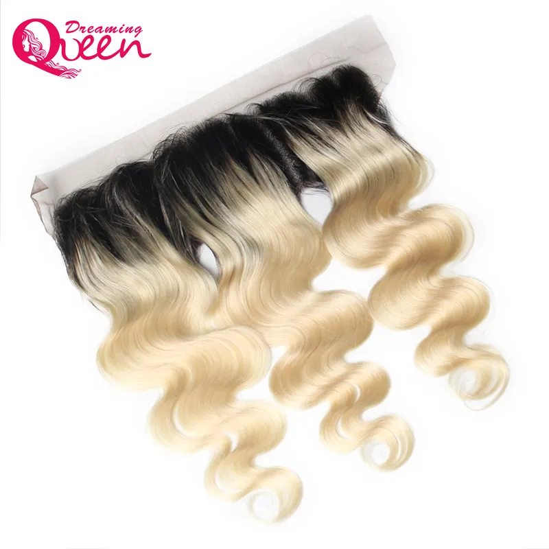 1b / 613 Blond Body Wave 13x4 Lace Frontal Ombre Brasiliansk Virgin Human Hair Ear Till Öron Spets Avslutning Med Baby Hår Gratis Frakt