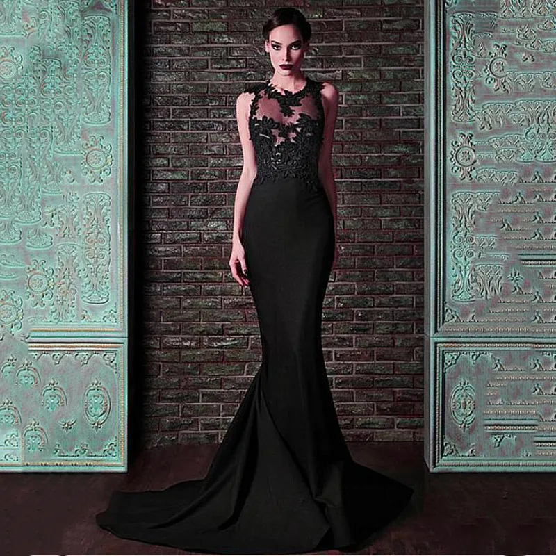 Elegante vestido de noche de sirena con escote joya de satén negro, apliques de encaje encantadores, vestidos de fiesta de graduación, vestidos de noche de ilusión