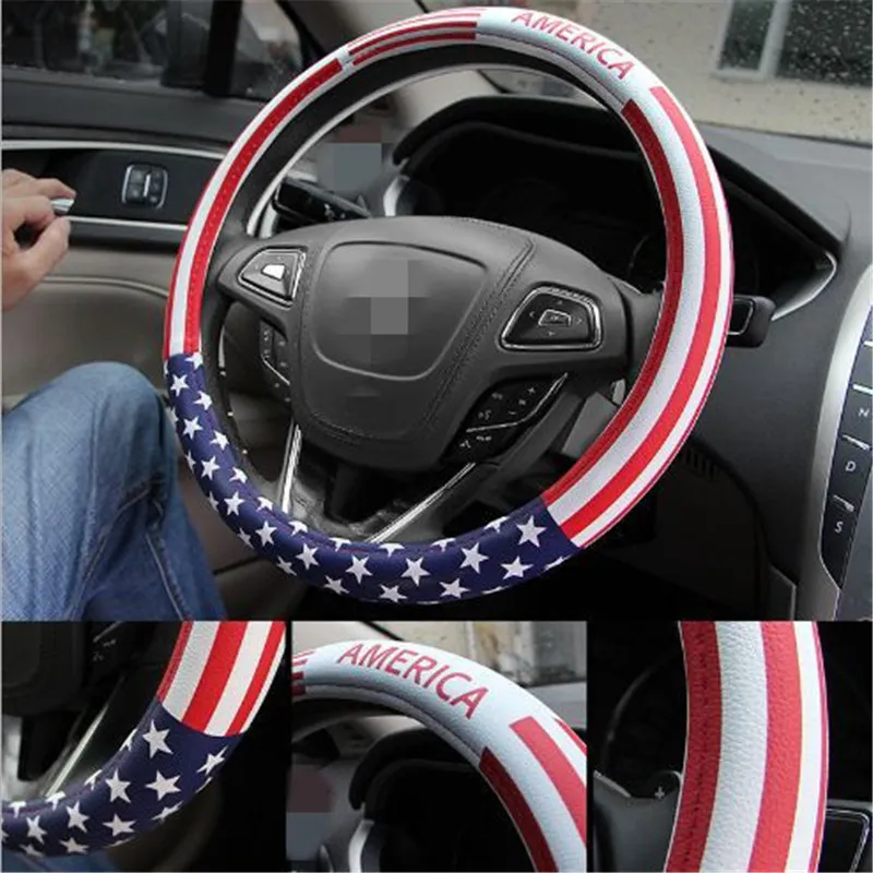 Elegante coprivolante in pelle PU Coprivolante volante Il volante con stampa della bandiera nazionale USA copre le auto atp210