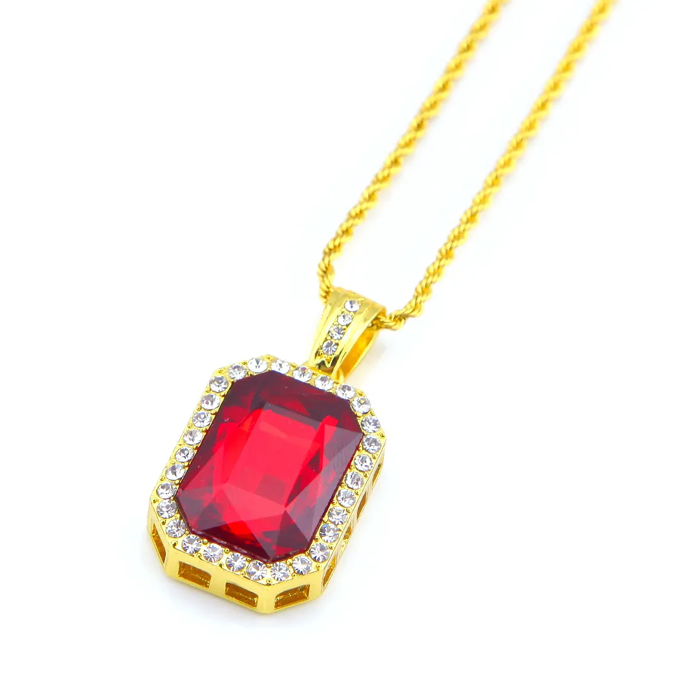 HIP HOP Sieraden Vierkant Ruby Sapphire Rood Blauw Groen Zwart Wit Gems Crystal Hanger Ketting 24 Inch Gouden Ketting voor Mannen Mode-sieraden