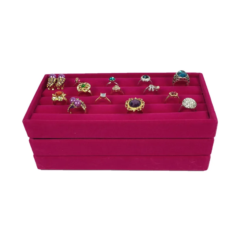 High-top Ring Chain Compartment Jewelry Display Tray Set Red Velvet 