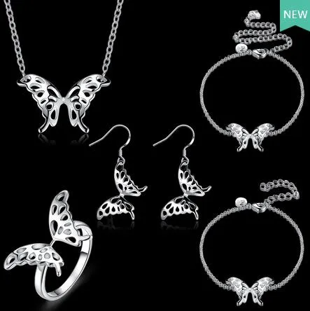 2017 nouvelle mode placage 925 en argent sterling Belle Papillon Bracelet Collier Cheville Anneau Boucles D'oreilles femme de mariage Ensemble de Bijoux