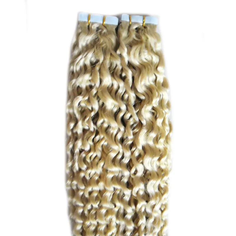 Brasilianska Curly Virgin Hair Skin Weft Tape Hårförlängningar / Pack Brasilianska Kinky Curly Extenderes Cabello Natural Adhesivas 100g