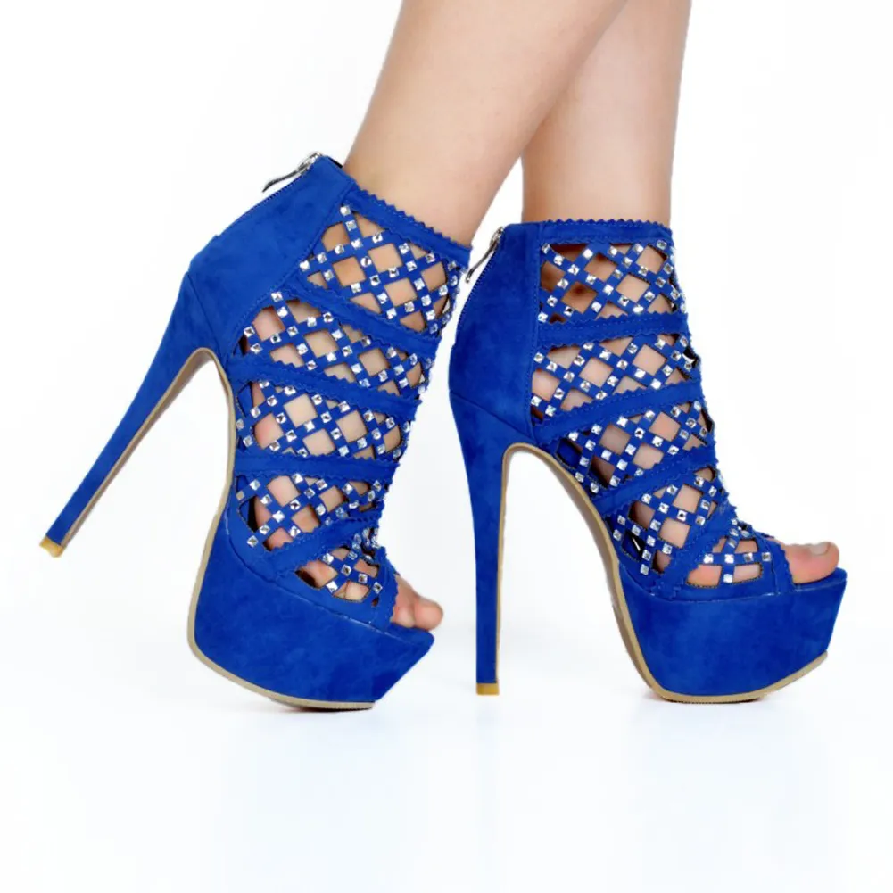 Kolnoo femmes plate-forme talons hauts brillant Diamante cheville Escarpins Peep-toe fête chaussures Sexy bleu XD277