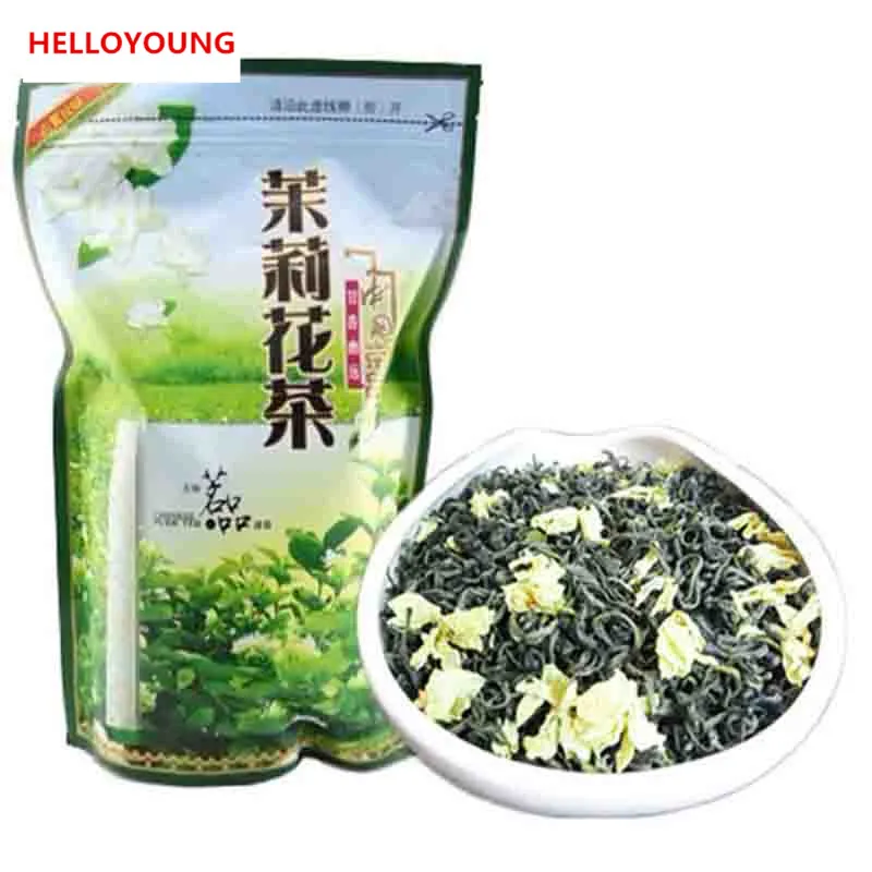 250g de chá verde orgânico chinês no início da primavera, flor de jasmim, chá cru, cuidados com a saúde, nova embalagem de tira de vedação para comida verde