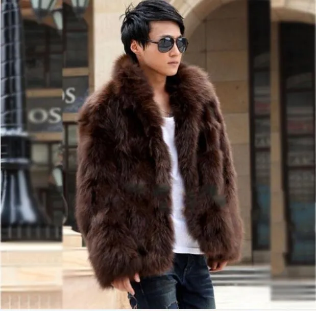 New Fashion Faux Fur Men's Jacket Hoodies Fur Coat Brown White Men Long Sleeves Clothing Winter Outerwear