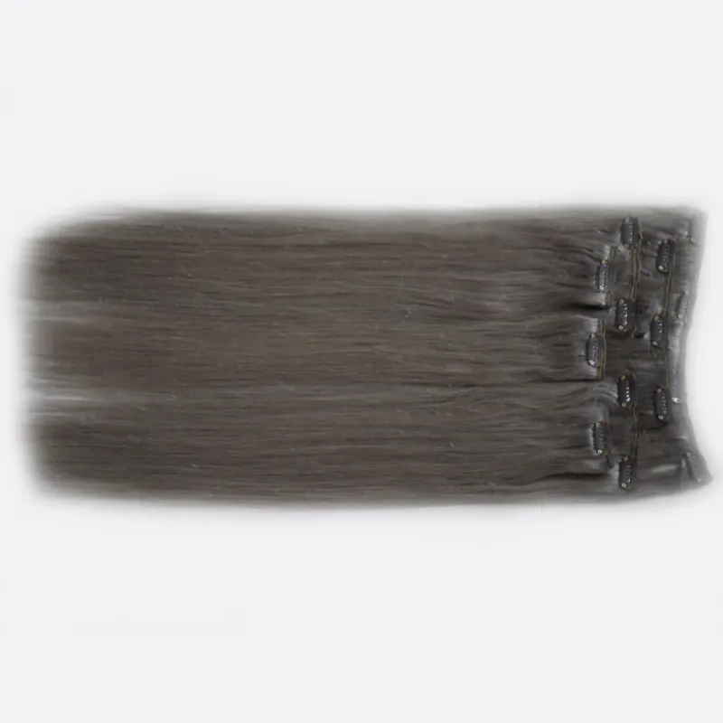 Clip-in-Clip-Ins aus brasilianischem Echthaar, graue Haarverlängerung, 7 Stück, 100 g, Echthaarverlängerungen, gerade