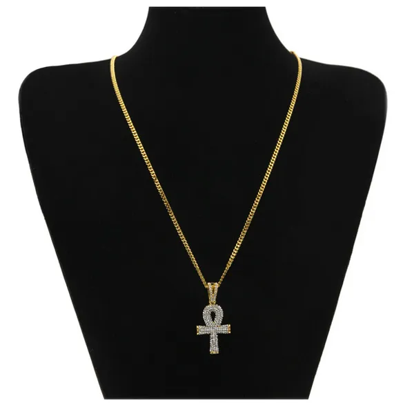 Ny Trendy Crystal Rhinestone Egyptian Ankh Key Pendant Halsband 18K Guldpläterad Boxkedja Lång halsband för män / Kvinnor Party Smycken