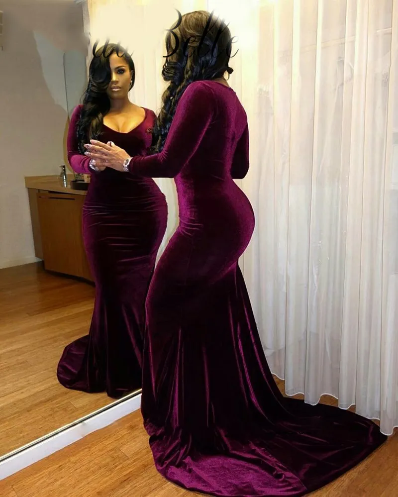 Plus Size Velvet Long Sleeves Purple Prom Dresses Mermaid Sexy V-neck Black Girls Formal Dress Court Train Long Evening Gowns292t