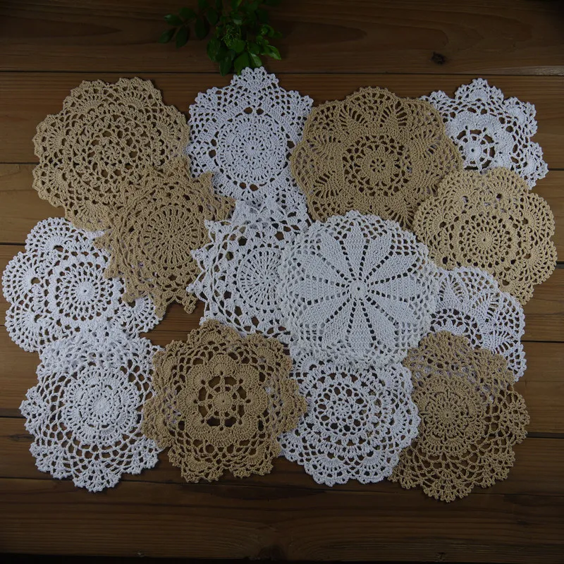 14Pieces - mycket, shabby chic vintage look hjärta virka doilies vit beige coasters bordmattor bord servett dekoration