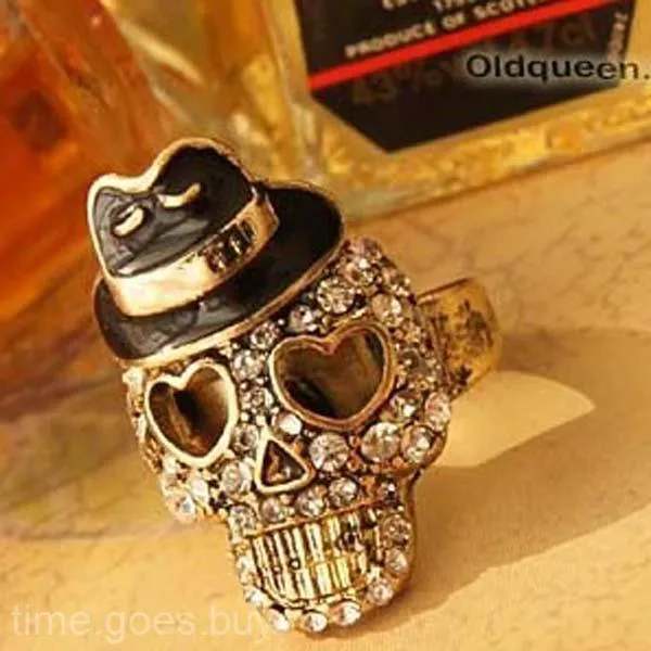 Popular Unisex Bowler Black Hat Crystal Diamond Skull Pirate Stretch Ring Gift #R48