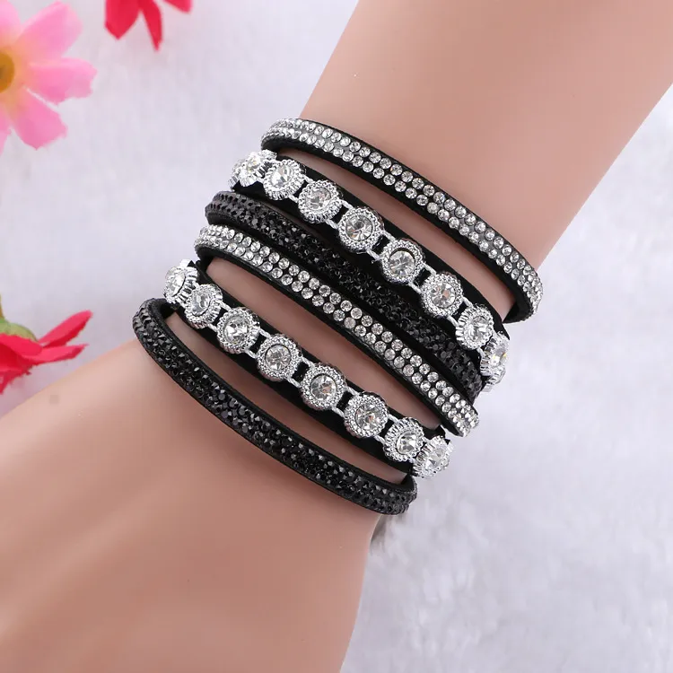 New Multilayer Crystal Wrap Bracelet Rhinestone Deluxe Bracelet Double Wrap Leather Bangle Jewelry Accessories for Women Gift