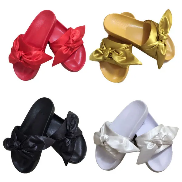 Mode kvinnliga tofflor Stylish Design Slide Bow Knot Glides For Ladies White Pink Red Gold Högkvalitativ toffel med låda