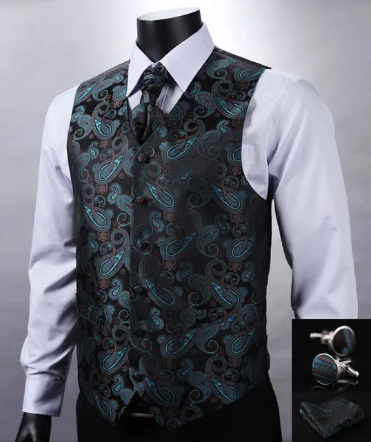 Toptan-Ve11 Yeşil Siyah Paisley Üst Tasarım Düğün Erkekler 100% Ipek Yelek Yelek Cep Kare Kol Düğmeleri Cravat Takım Tuxedo Için Set