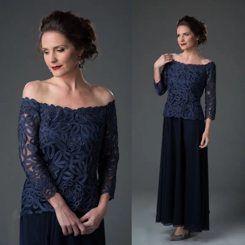 Navy Blue 3/4 Lange Mouw Moeder The Bride Dress Off Shoulder Applique Thee Lengte Plus Size Bruiloft Gastjurk Avondjurk Mother's Doek