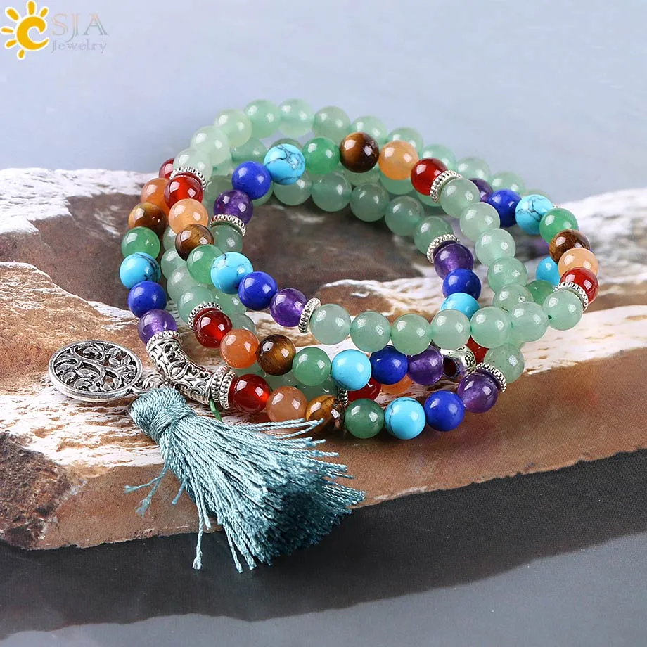 CSJA 108 Aventurina verde natural jade Mersa de jóias Long 7 Chakra Healing Balance Balanço de pedra preciosa Mala Braça Mala e242n