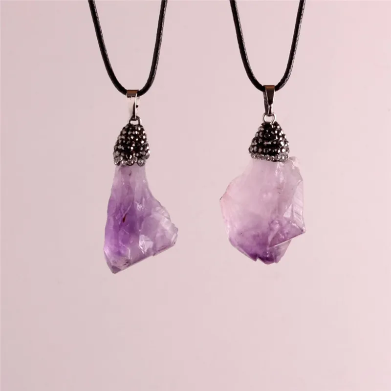 Freeform Natural Raw Stone Pendant Rough Amethyst Druzy Pendant Paved Rhinestone Crystal Quartz Citrine Pendant Bead Leather Rope Necklace