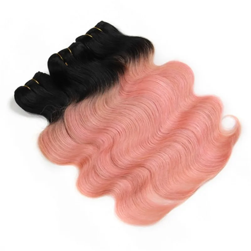 Body Wave 1B / Oro rosa Ombre 4x4 Chiusura superiore in pizzo con intrecci Rosa rosa Ombre Capelli umani vergini indiani 3 Bundles con chiusura in pizzo