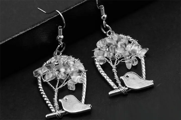 Kreativ fågel träd av liv dangling örhängen mode personlighet kristall sten örhängen silver pläterade krokar dangle smycken handgjorda