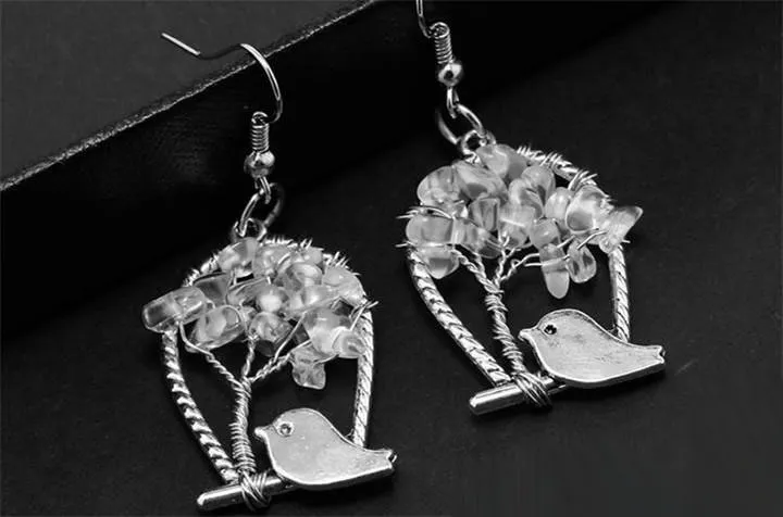 Creative Bird Tree of Life Bungelen Oorbellen Mode Persoonlijkheid Crystal Steen Oorbel Verzilverd Haken Dangle Sieraden Handgemaakt