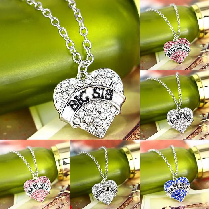 Gratis frakt Säljer Big Sis Little Sis Peach Heart Diamond Pendant Halsband WFN031 (med kedja) Blanda Beställ 20 stycken Mycket