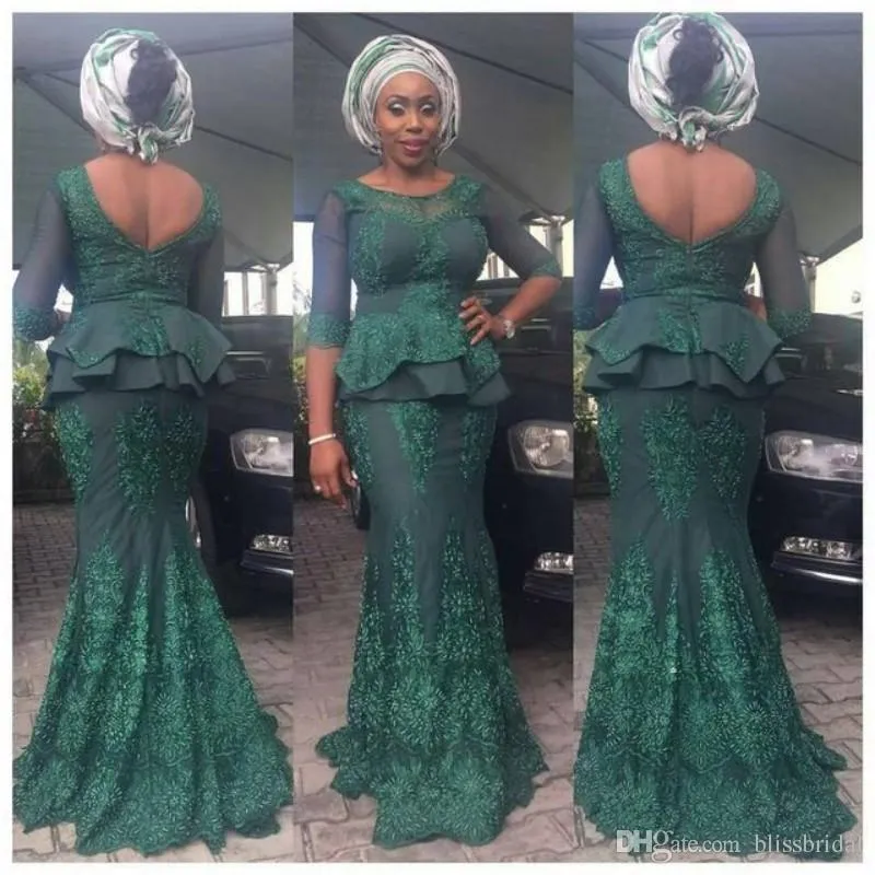 ASO EBI Avondjurken met 3/4 Lange mouwen Illusie Peplum Kant Applicaties Merremaid Prom Dress Long Low Back Rits Afrikaanse Party Jurk