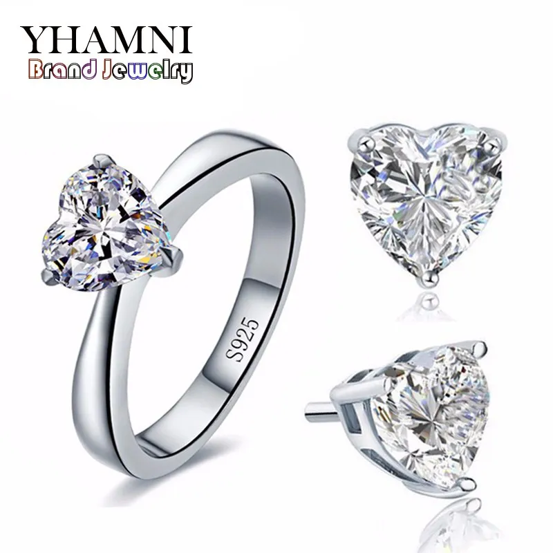 Yhamni Original Bridal Wedding Jewelry Zestawy dla kobiet Prawdziwe 925 Sterling Silver Heart CZ Diamond Stud Kolczyki Pierścień Biżuteria Bridal Sets Tz002