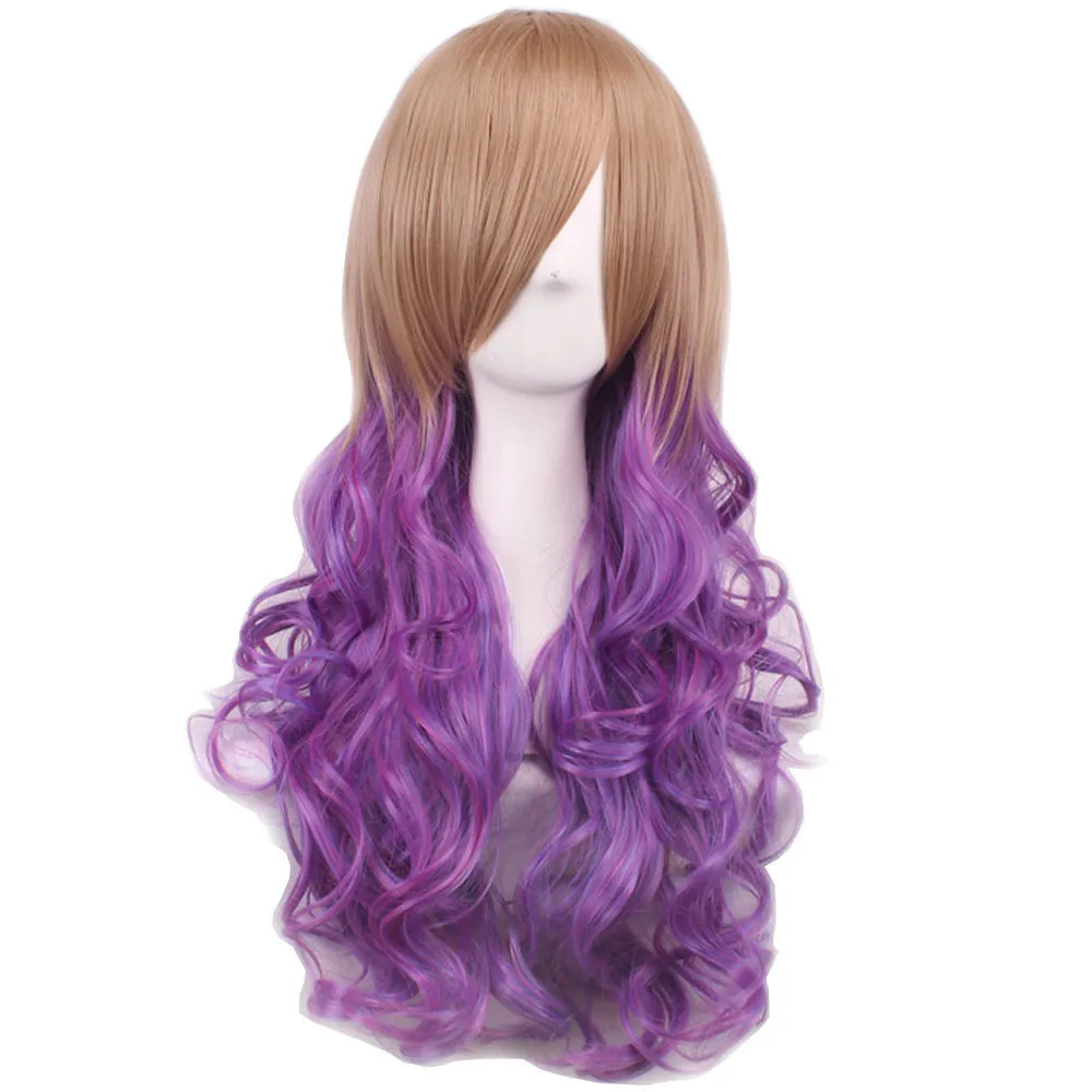 Donne Cosplay Onda Sciolta Grandi Capelli Ricci Lunghi Moda Ragazze Parrucca Oro+Viola