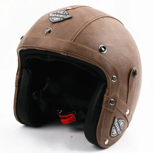 Sälj män vintage läder motorcykelhjälm öppen ansikte retro pilot kryssare hjälmar motocicleta jet moto cascos capacete dot2488