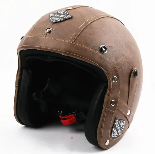 Verkoop Mannen Vintage Lederen Motorhelm Open Gezicht Retro Pilot Cruiser Helmen motocicleta jet moto cascos capacete DOT2897