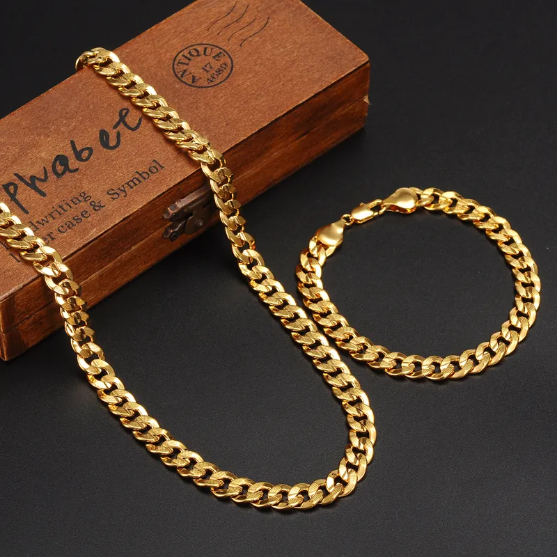 Classics Fashionable Real 24K Yellow Gold GF Mens Woman Necklace Bracelet Jewelry Sets Solid Curb Chain Abrasion resistant