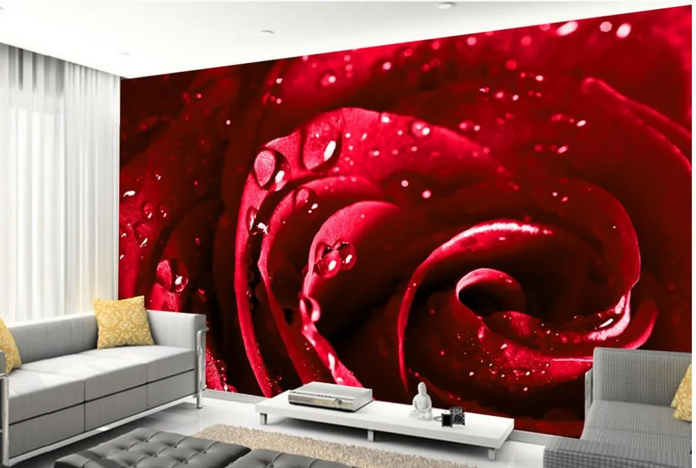 Beautiful red water drops roses mural 3d wallpaper 3d wall papers for tv backdrop