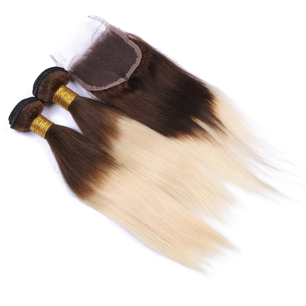 Brasilianisches reines Menschenhaar, T4/613, glattes Haar, Bündel mit Spitzenverschluss, menschliche Webart, blonde Ombre-Haarverlängerung mit Spitzenverschluss, zu verkaufen